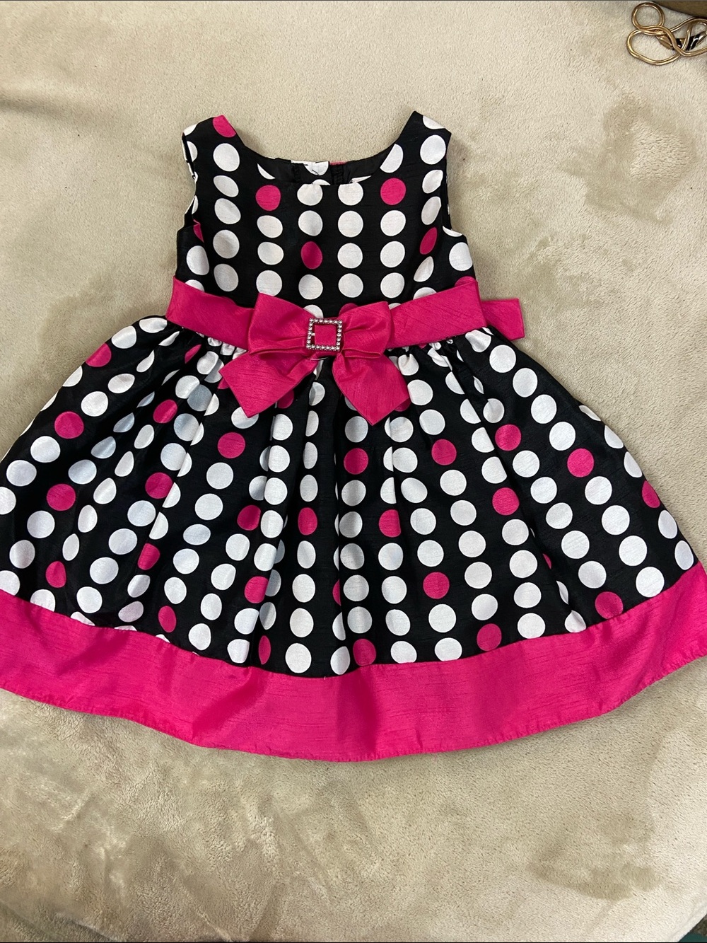 Youngland Black Polka Dot Dress with Hot Pink Accents